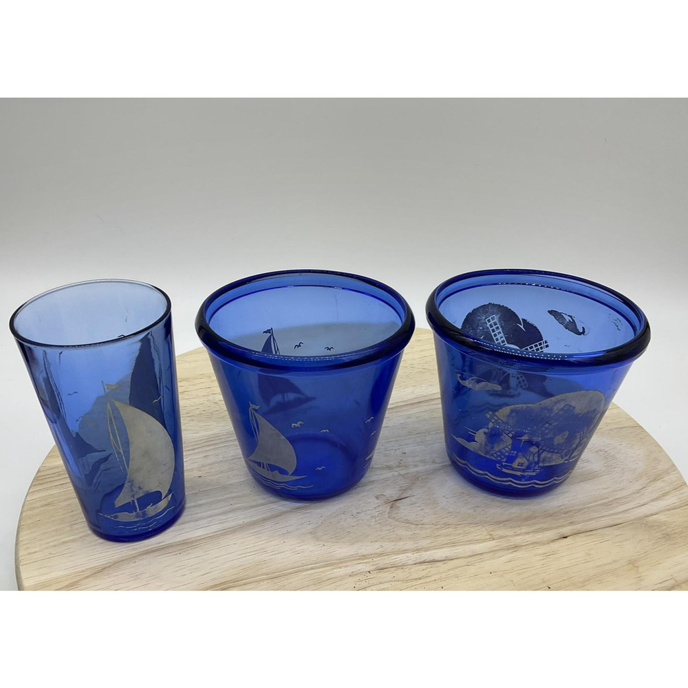 VTG Hazel‎ Atlas Cobalt 2 Ice Buckets, 1 Glass Tumbler Etched Nautical Barware